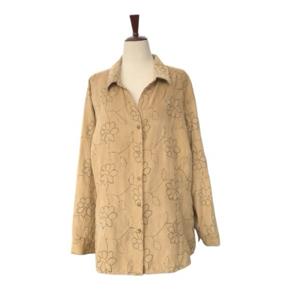 Sag Harbor Floral Embroidered Tan Camel Top Blouse Button Down Faux Suede Sz 3X